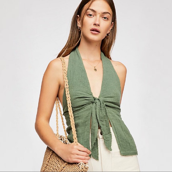 SOLD FREE PEOPLE Trendy Halter Top in Gauze Green - Picture 2 of 5